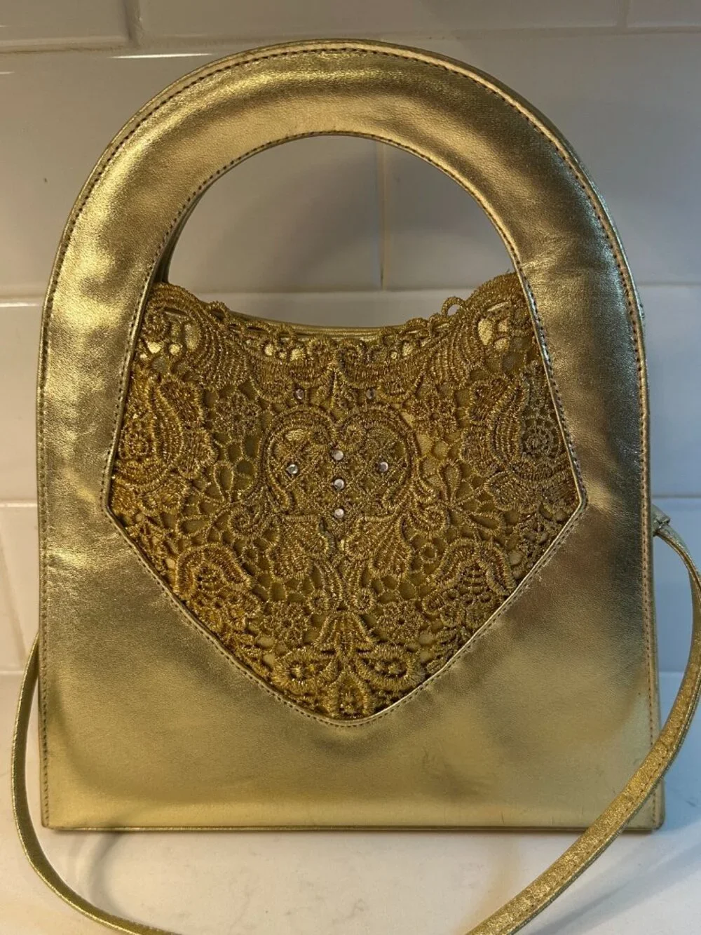 Stuart Weitzman Vintage Metallic Gold Patent Leather and Lace Evening Bag RARE